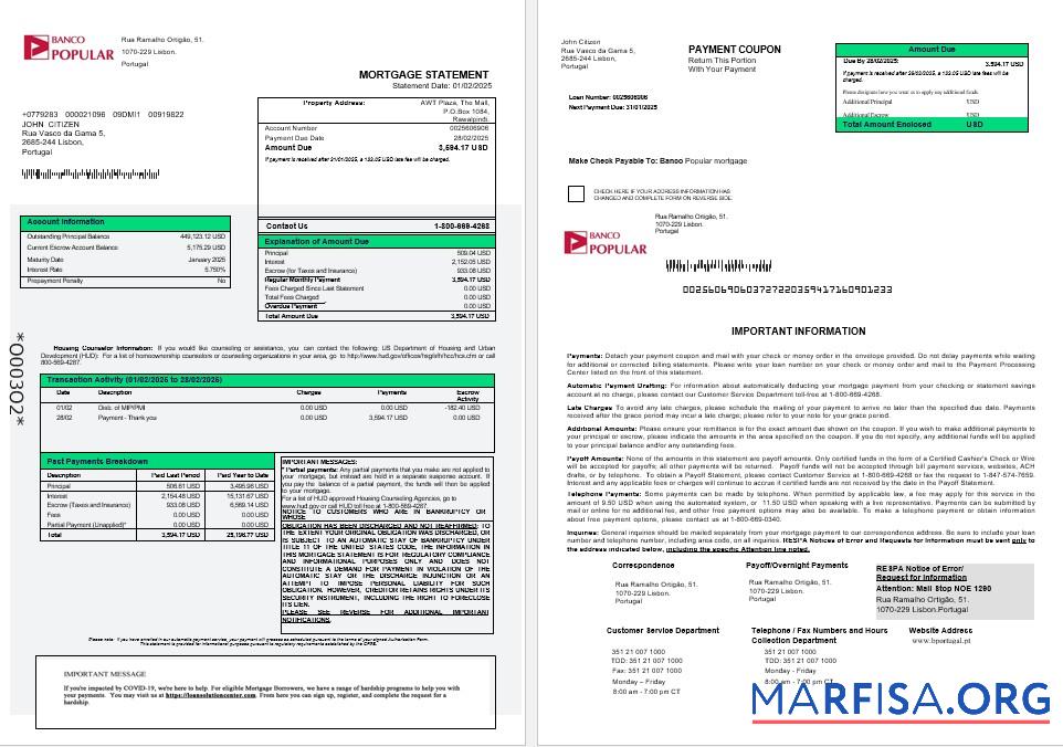 Realistic Portugal Banco Popular mortgage statement in Word and PDF formats 1 2 example